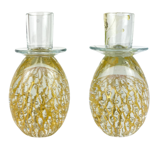 Pair of Clear + Gold Fleck Bubbled Candlesticks #O1182