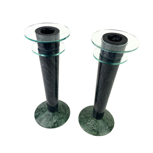 Pair of Marble + Acrylic Post Modern Milano Series Candlesticks #O1188