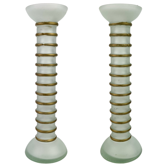 Pair of Gold Trim + Frosted Glass Candlesticks #O1183