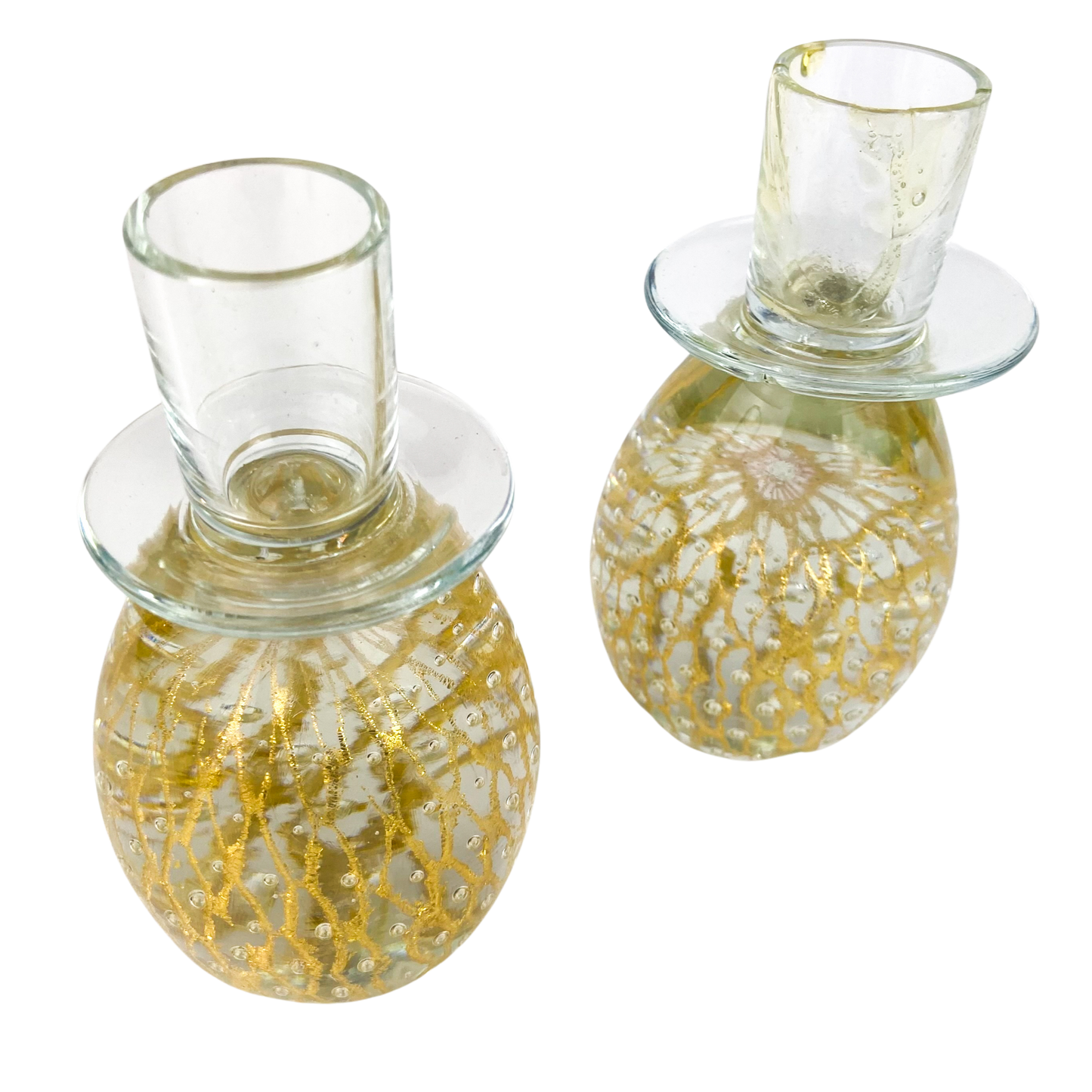 Pair of Clear + Gold Fleck Bubbled Candlesticks #O1182