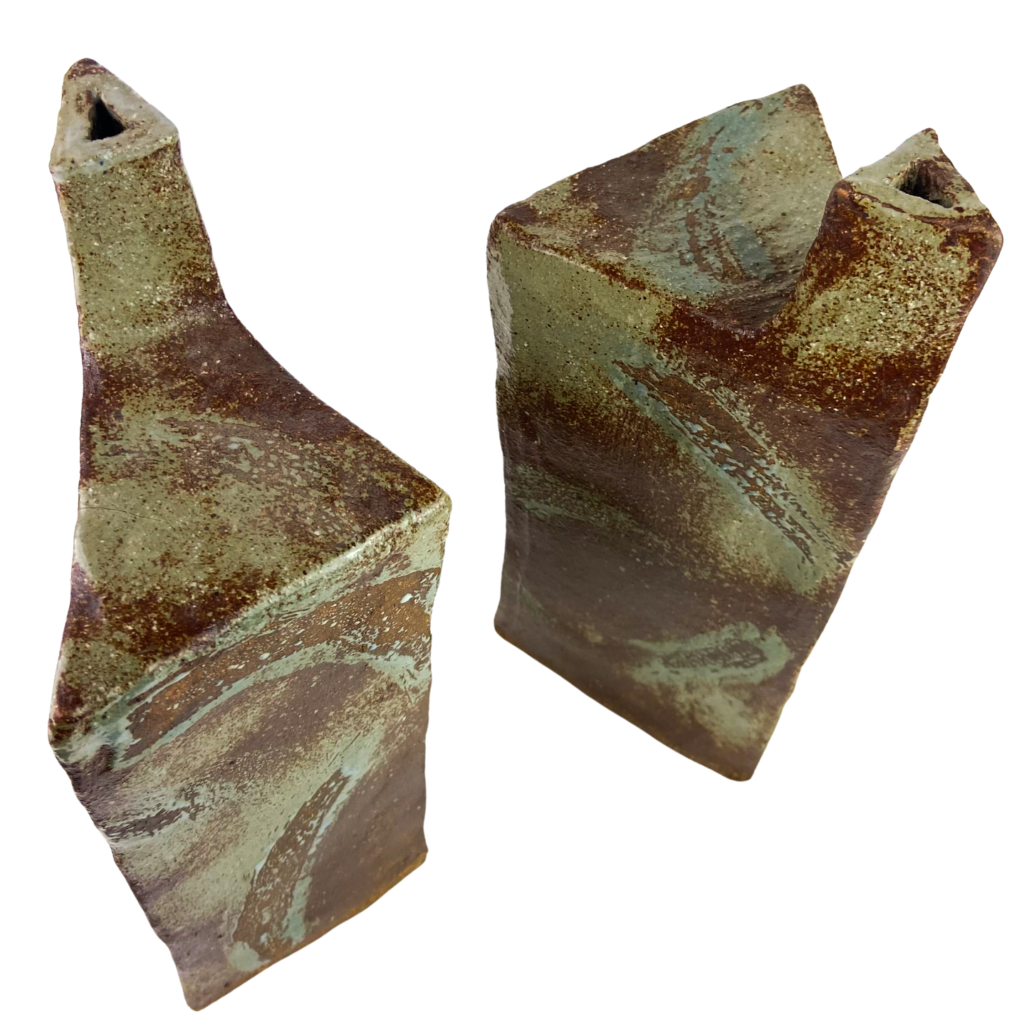 Pair of Triangular Studio Art Raku Pottery Vessels #O1173