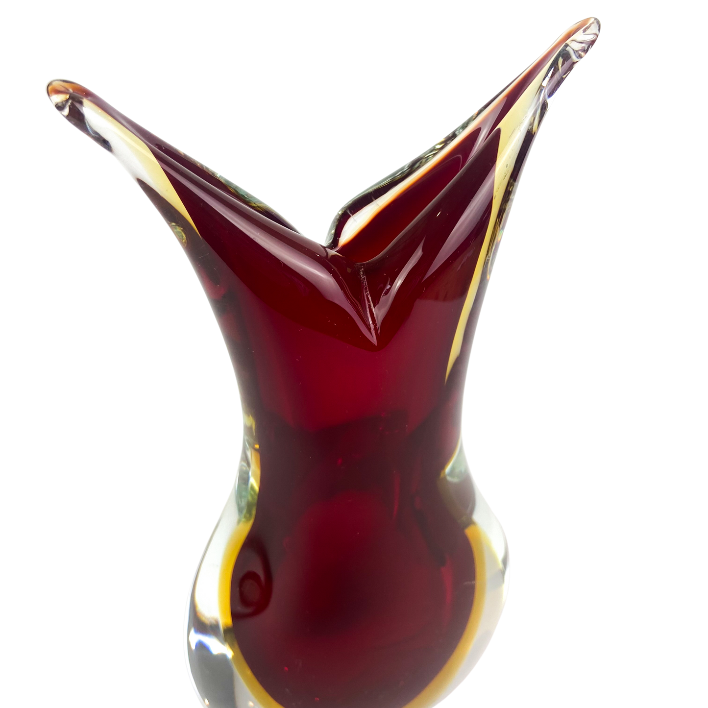 Murano Ruby + Amber Sommerso V Neck Glass Vase #O1265