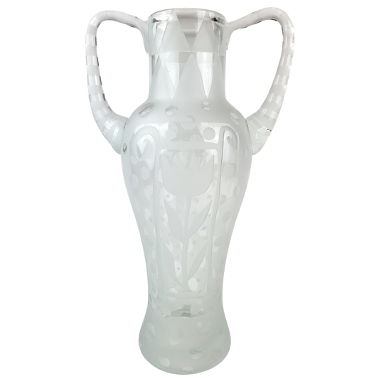 Frosted Post Modern Double Handle Glass Vase by Robert McCandless #O840