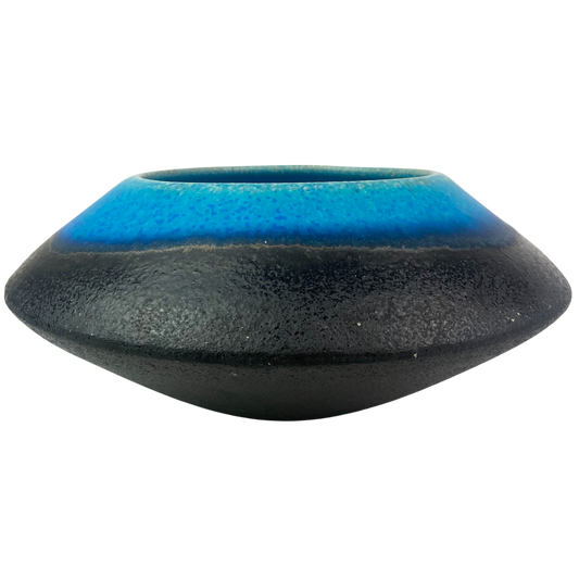 Vintage Blue + Black Ceramic UFO Bowl #O946