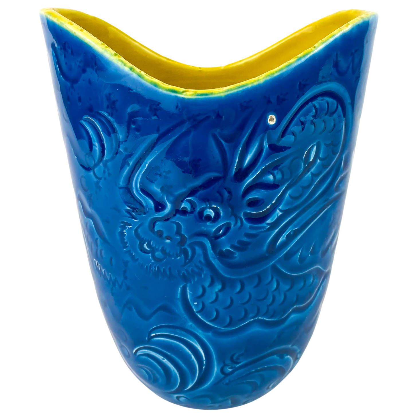 Italian Blue + Yellow Ceramic Dragon Vase #O1040