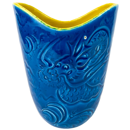 Italian Blue + Yellow Ceramic Dragon Vase #O1040