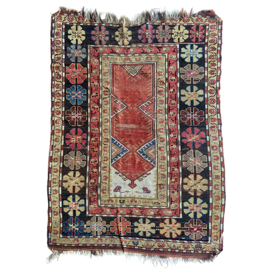 Early Antique Caucasian Prayer Accent Rug #R961 - 3'7" x 4'10"