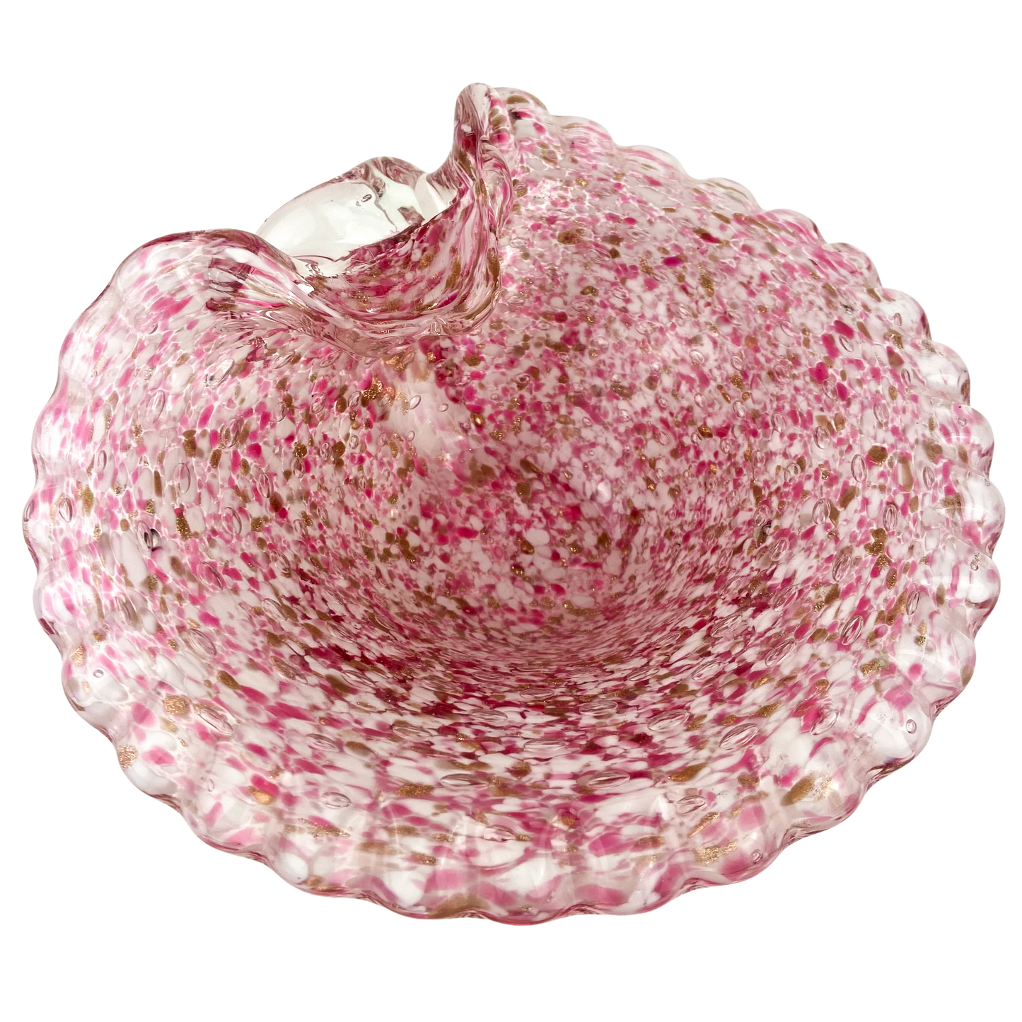 Murano Pink + White + Copper Scalloped Glass Catchall/Ashtray #O1091