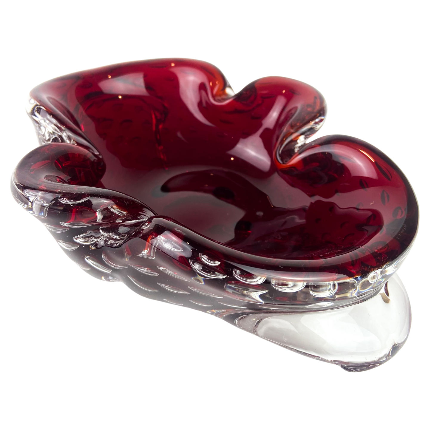 Murano Burgundy + Clear Bullicante Glass Catchall/Ashtray #O1106