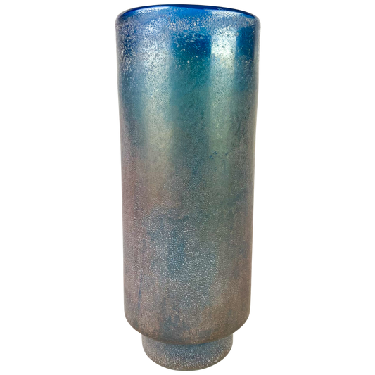 Large Blue Iridescent Studio Art Glass Vase #O1051