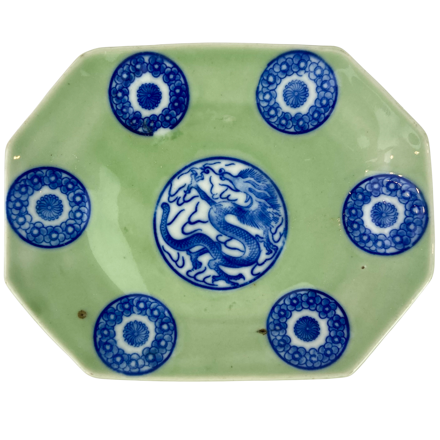 Antique Chinese Celadon + Cobalt Dragon Plate #O1066