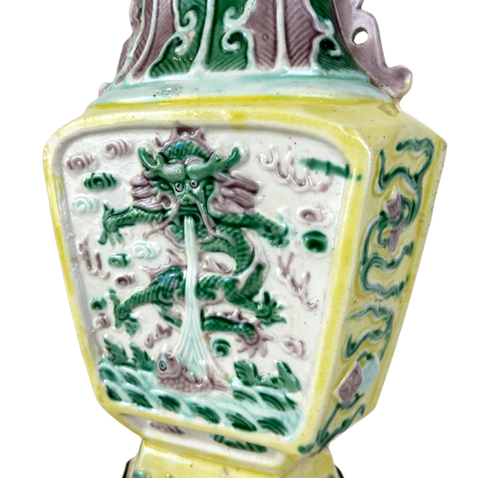 Pair of Antique Yellow Chinese Chinoiserie Porcelain Lamps #L05
