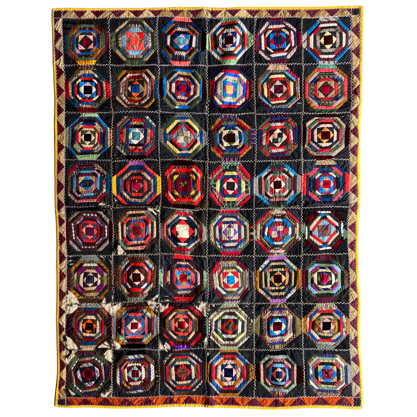 19th Century Hand Stitched American Silk Quilt #T3 - 4'4" x 5'9"