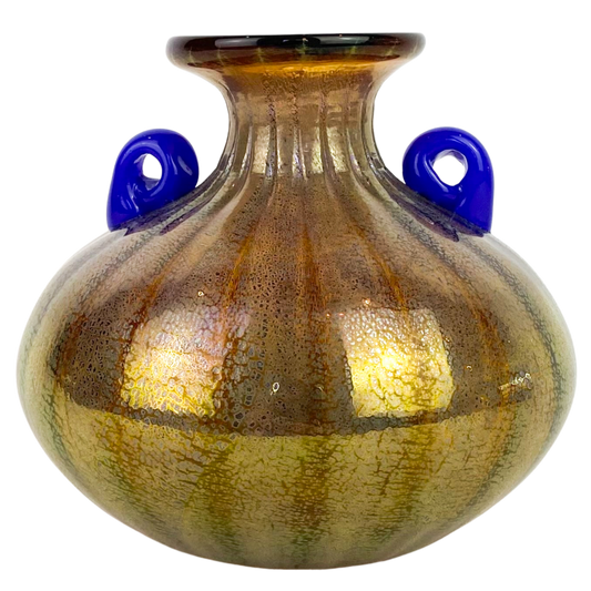 Murano Iridescent Amber + Cobalt Glass Amphora/Vase #O813