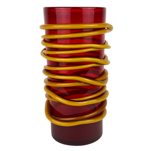 Large Red + Mustard Yellow Blenko Glass Vase #O834