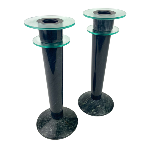 Pair of Marble + Acrylic Post Modern Milano Series Candlesticks #O828